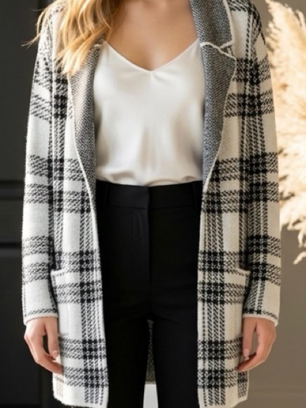 Black & Cream Checked Open-Front Coatigan